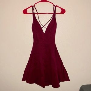 Backless burgundy skater fit and flare dress